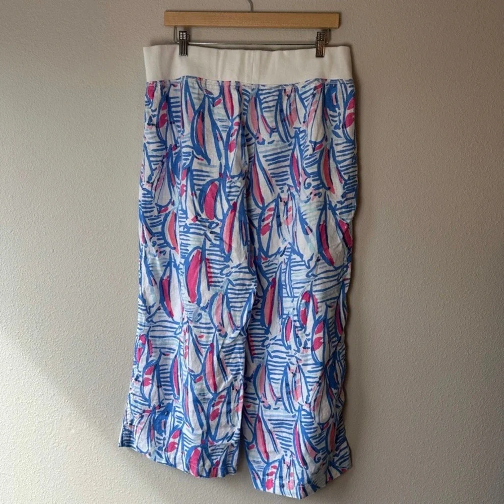 Lilly Pulitzer The Beach Pant XL Lagoon Linen Red Right Return Print Wide Leg - Picture 2 of 8